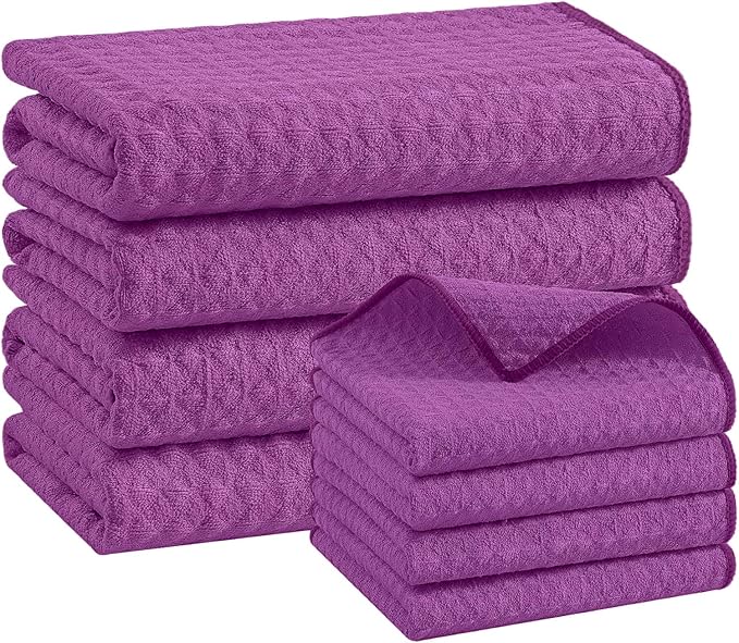 Homaxy Microfiber Waffle Weave Kitchen Towels Set, 16 x 28 Inch and 12 x 12 Inch Ultra Absorbent and Solid Color Dish Towels, 8 Pack, Purple