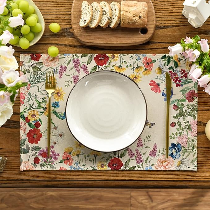 Artoid Mode Vintage Floral Spring Placemats Set of 4, 12x18 Inch Seasonal Holiday Table Mats for Party Kitchen Dining Decoration