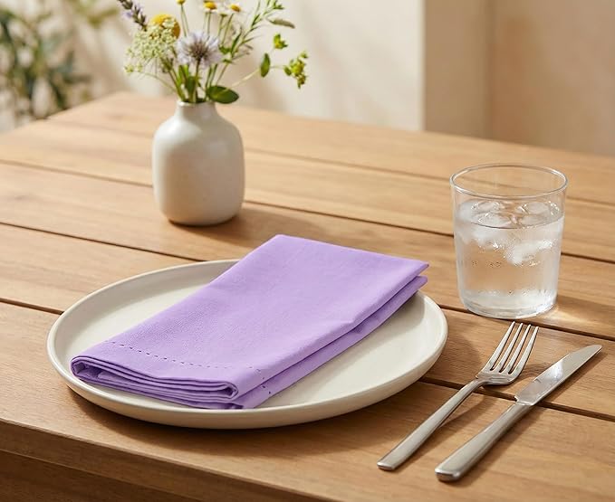 PurpleEssences Set of 12 Hemstitch Cloth Dinner Napkins 100% Cotton - Soft Durable Washable - Ideal for Wedding Spring Easter Summer - Perfect Everyday Use Table Linen 18x18 - Lavender