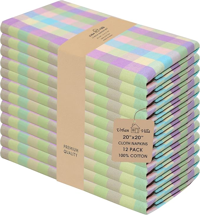 Urban Villa Cloth Napkins Set of 12 20x20 Inches 100% Cotton Napkins Cloth Washable Soft Durable Reusable Absorbent Table Dinner Napkins Cloth for Easter Decorations Restaurant Weddings-Easter Checks