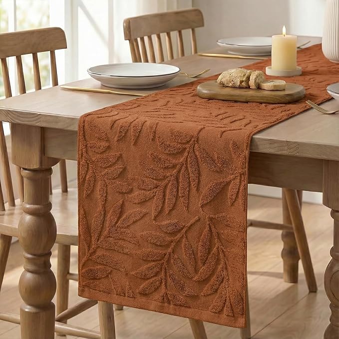 Artoid Mode Caramel Soft Cotton Jacquard Leaves Spring Table Runner, Holiday Kitchen Dining Table Decoration for Home Party Decor 13x72 Inch