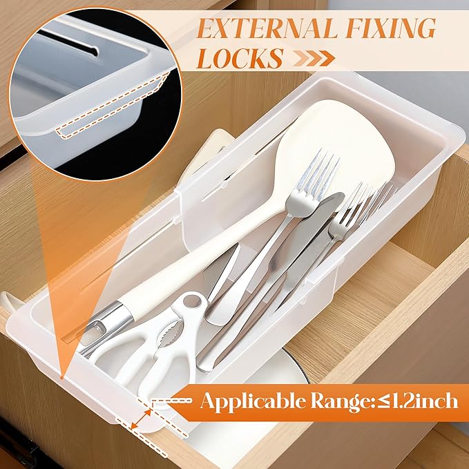 2 Pack Deep Drawer Organizer Bins, Adjustable Sliding Drawer Organizer Bin Expandable Tray for Kitchen Utensils, BBQ Tools, Towels, Durable Plastic Sliding for Easy Storage (12.4" to 18”)