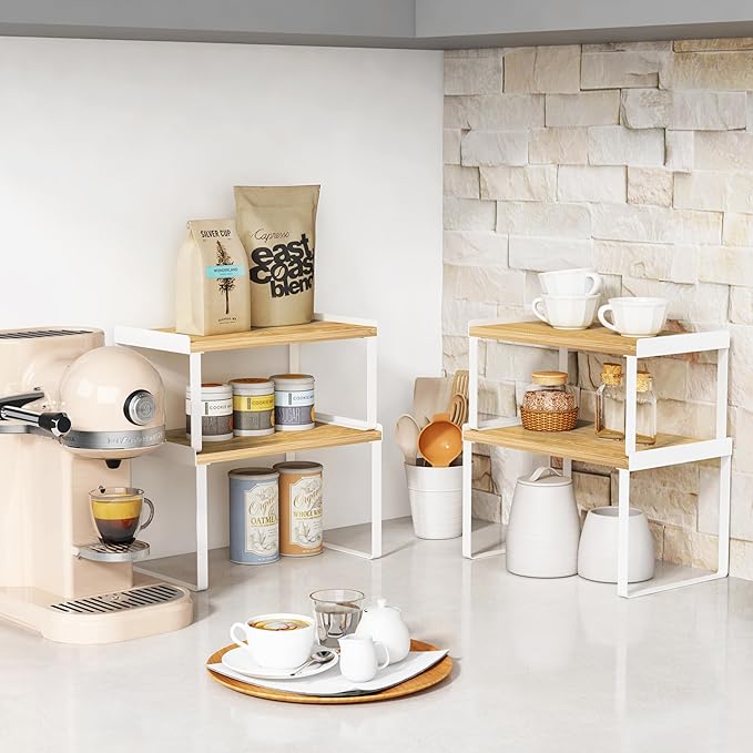 Goozii Kitchen Cabinet Organizer Set of 4, Desk Shelf Riser, Stackable Cabinet Pantry Cupboard Organizer, Kitchen Counter top Shelf, Storage Rack for Spices, Plates, Bamboo Wood, White