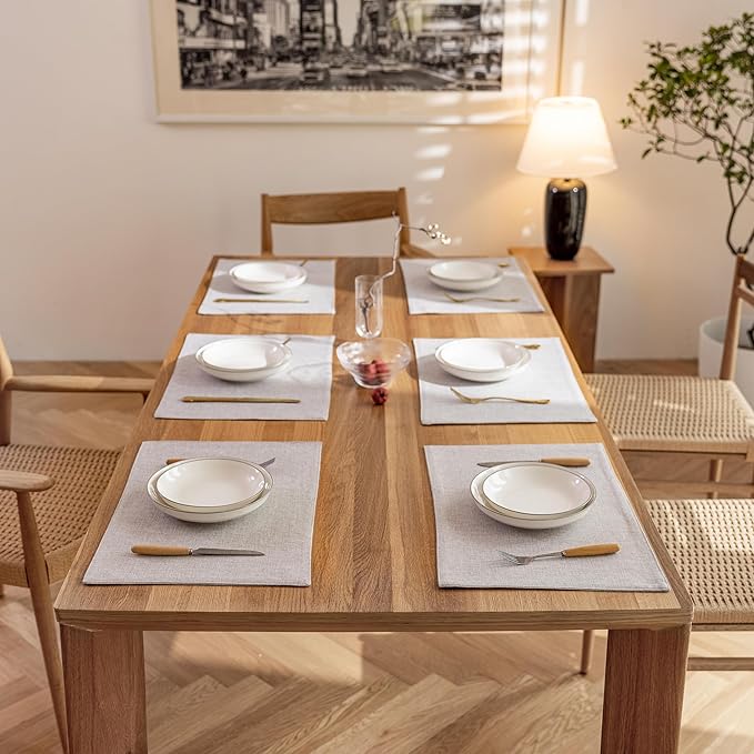 Demetex Gray Placemats Set of 6 Linen Heat Resistant Plate Mats Washable Place Mats for Buffet Dinner Party Decorations, 13 x 19 inches, Light Grey