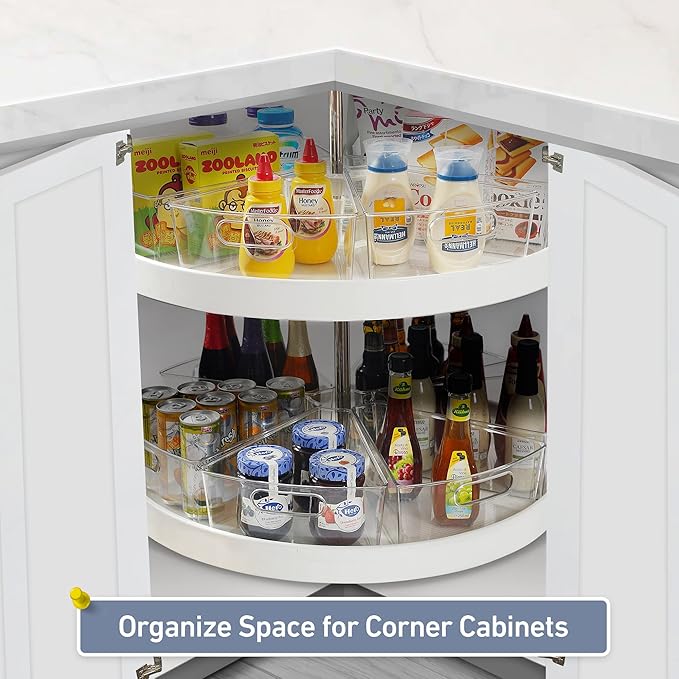 Leeden Lazy Susan Organizer for 28" Diameter Corner Lazy Susan, Plastic Kitchen Cabinet Storage Bins with Handle, 8 Packs, 1/8 Wedge - Food Safe, BPA Free