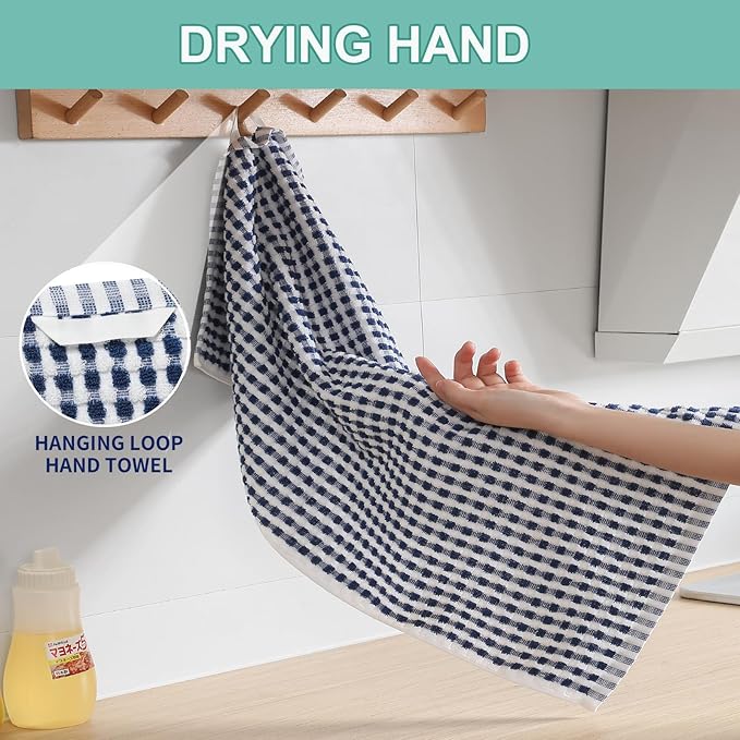 SALAS Cotton Dish Towels Cloths for Kitchen Drying Dishes, Lattice Terry Towels, Highly Absorbent Kitchen Cloths with Hanging Loop, 16‘’ x 26‘’, 4 Packs, Blue