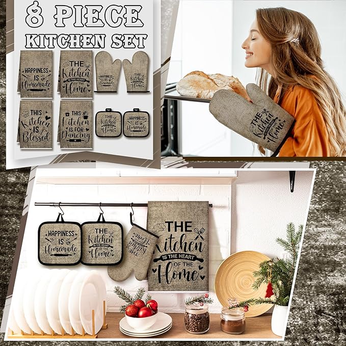 Leinuosen 8 Pcs Kitchen Towels and Oven Mitts Sets Pot Holders Dishcloths Set Kitchen Decorative Accessories Absorbent Potholders Heat Resistant for Chef Baking Cooking