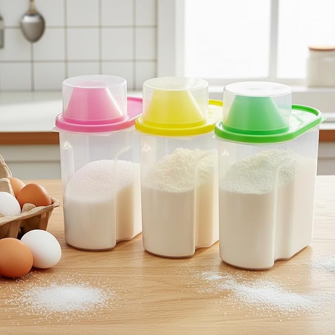 Basicwise 1.9 Liters Set of 3 Small Airtight Food Storage Containers with Pouring Spout and Measuring Cup Lid for Flour Sugar Cereal Rice Pantry Staples & Baking Ingredients in Green Pink and Yellow