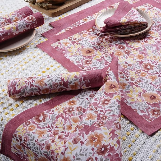 TARAN LIVING Cotton Cloth Napkins Reusable Floral Napkin Printed Dinner Napkin Set Cloth Daily Use Machine Washable Dish Cloth Gift for Valentine Home Decor Set of 4, Multicolor Print, 18x18 Inches