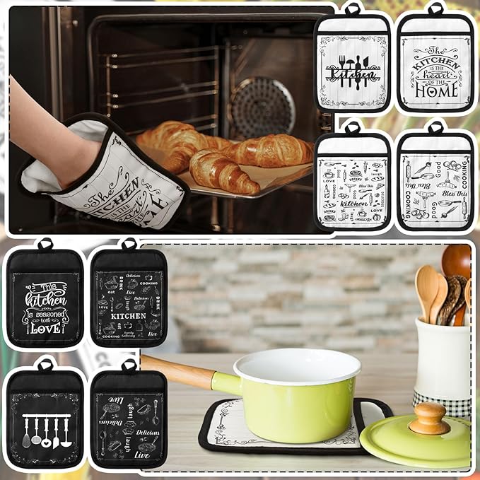 8 Pcs Pot Holders with Pocket Farmhouse Black and White Kitchen Decoration Kitchen Quotes Heat Resistant Potholders Hot Pad Oven Mitts Cookie Bag Oven Gloves for Home Decorations Baking Cooking Gifts