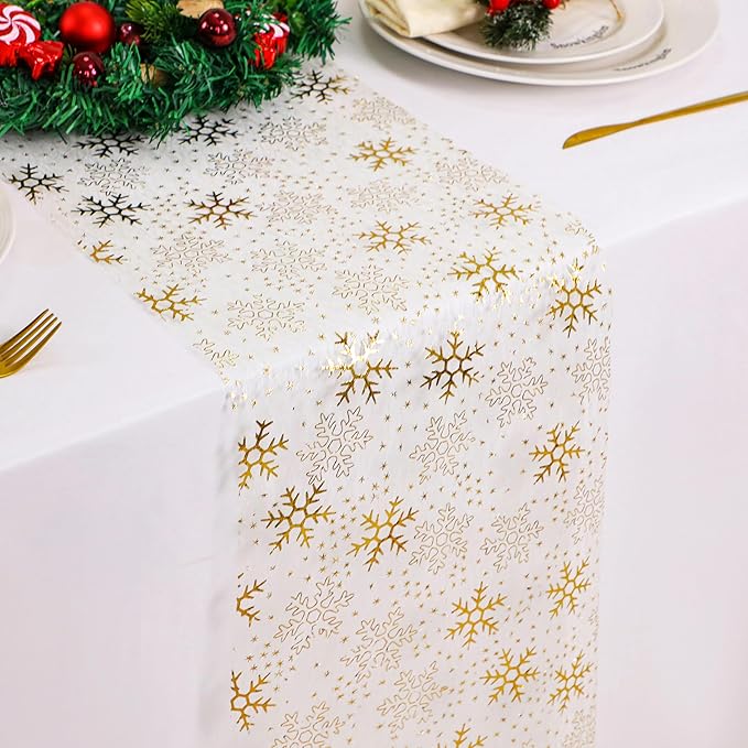 Snowkingdom Christmas Snowflake Gold Table Runner 11 Inch x 49 Feet Sparkly Gold Foil Glitter Metallic Mesh Runners Dining Table Decorations for Seasonal Winter Xmas Festival Holiday Home Party