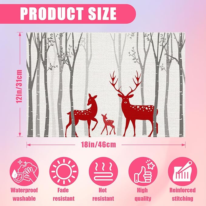 Birch Tree Deer Placemats Set of 6,12x18 Inch Wild Animals Forest Linen Place Mat Washable Stain Resistant Table Mats for Seasonal Farmhouse Kitchen Party Home Decor