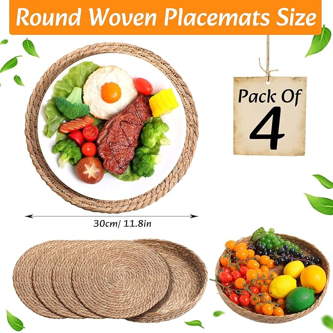Boho Placemats 4/6/8 Set of Round Woven Placemat Macrame Style Bicolor Stitching Long Table Runner Farmhouse Rustic Natural Burlap Cotton for Kitchen Dining Table(4 Sets,Caramel Color,12x72)