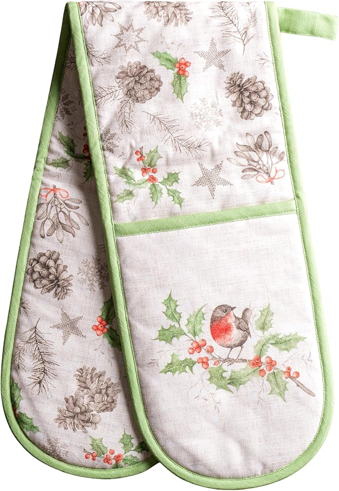 Maison d' Hermine Double Oven Mitt (7" x 35") 100% Cotton Heat Resistant BBQ Cooking Gloves with Loop for Thanksgiving Christmas Decorations Baking Cooking Barbeque Handling Hot Pan (Christmas Dew)