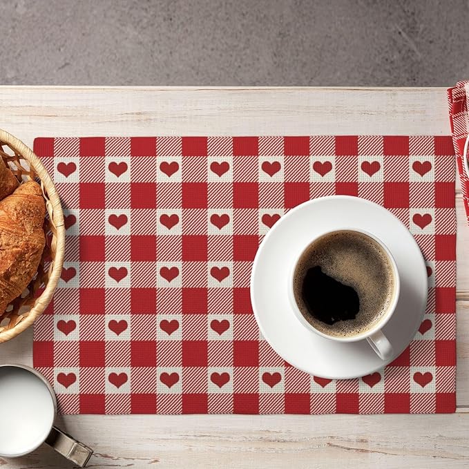 Valentines Placemats Set of 4 Red Pink Love Heart Buffalo Plaid Decor Place Mats 12x18 Inch Gingham Anniversary Wedding Holiday Linen Table Mats for Home Kitchen Dining Party Table Decoration