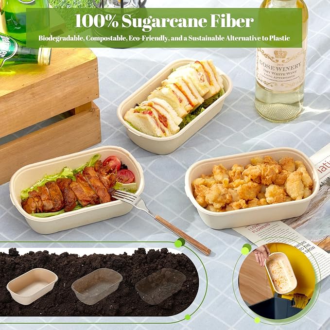 [100% Eco-Friendly] Disposable Food Containers with Lids – Sugarcane Pulp Take Out Boxes, Biodegradable, Compostable, Microwave Safe Lunch Containers – Pack of 50 (24 OZ)
