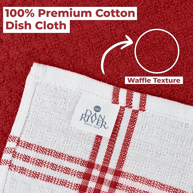 DAN RIVER Premium Dish Cloth 100% Cotton 12 X 12 Inches |Pack of 8|-Ultra Soft Tea Towels-Highly Absorbent Kitchen Rags-Terry Dishcloth for Kitchen and Household Cleaning |Red|