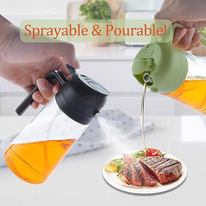 2-in-1 Oil Sprayer and Dispenser for Kitchen- 2 x 16 oz Pack, Never Drip Design, Precise Oil Control for Air Fryer, Roasting, Grilling, Barbecue and Salad. (Black, Green)