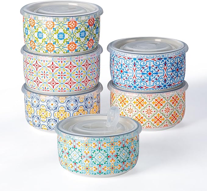 Ceramic Bowls Set with Lid: Microwave Safe Soup Containers Set of 6 for Meal Prep, Cereal, Salad, Picnic, Camping, Office Lunch, Kitchen Food Storage - 5 Inch, 20 oz, 6 PCS, Design D