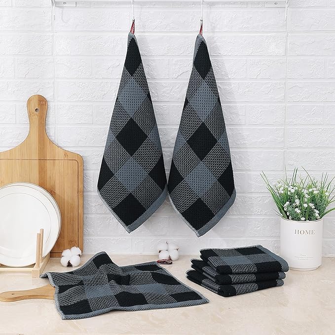 Mordimy 100% Cotton Waffle Weave Plaid Dish Cloths, 12 x 12 Inches, Super Soft and Absorbent Quick Drying Buffalo Check Dish Rags for Kitchen, 8-Pack, Black & Grey