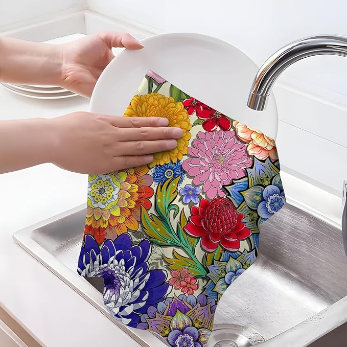 Boho Floral Kitchen Dish Towels Decorative Set of 4, Colorful Kitchen Stuff Hand & Tea Towels for Cleaning Drying, Baking Cooking Lover Gifts for Chef Cooks Women, Housewarming Gifts for Women