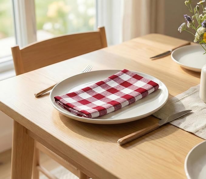 PurpleEssences Buffalo Plaid Cloth Napkins - Mitered Corners - Spring Easter Summer - Gingham Check Dinner Napkin - Set of 12-100% Cotton - 18x18 Inch - Reusable Washable - Red and White