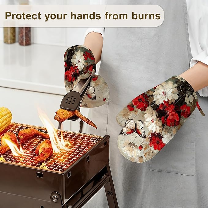 Oven Mitts and Pot Holders White Red Flower Silicone Kitchen Accessories Set of 4 Heat Resistant Gloves Butterfly Potholder Non-Slip Grip for Chef Cooking Baking Grilling BBQ