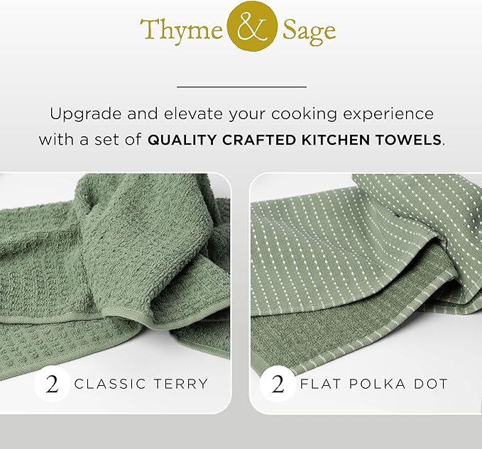 Thyme and Sage 100% Cotton Premium Turkish Kitchen Hand Towel Set, 16"x26", Ultra Absorbent, 350 GSM, Kale, Pack of 4