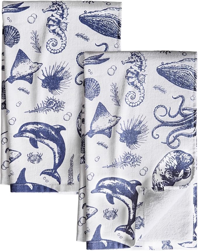 Miss Adola Cotton Kitchen Towels Set of 2 - Cute Design 16×26 Inch Dish Towels for Kitchen with Hanging Loop Ocean Quick Dry Hand Towels Soft & Absorbent, Home Decorative, Terry Cloth Tea Towels