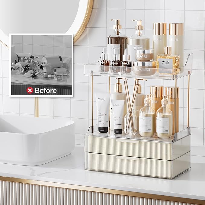 Delamu Bathroom Organizers and Storage, 2 Tier 2 Drawer Makeup Organizer Countertop, Easy to Install, Ideal for Bathroom Counter, Vanity, Ideal for Women Girls, Cream White