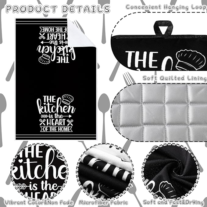 Sratte 6 Pcs Kitchen Decor Accessories Set Farmhouse Towels Pot Holders Oven Mitts Set 2 Dish Towels 2 Potholders 2 Cooking Mittens Oven Glove for Christmas Baking Cooking Supply(White,Kitchen)