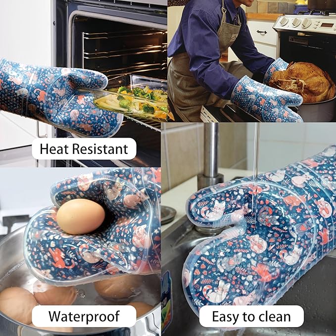 Oven Mitts Set of 2 with Transparent Clear Silicone Shell and Nice cat Printing Cotton Lining, Heat Resistant to 500 F Kitchen Oven Gloves Pot Holder for Cooking (Navy, Cat, Oven Mitts)