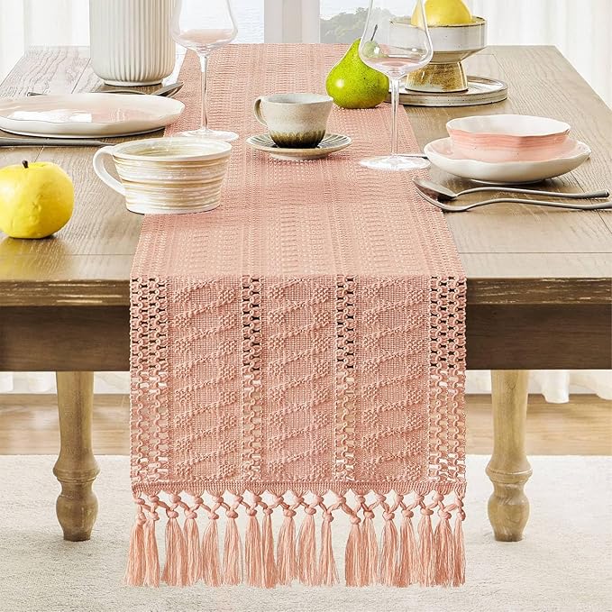 ZeeMart Macrame Style Boho Table Runner, Pink Table Runners 90 Inches Long, Farmhouse Woven Home Decor, 12x90 Inch, Rose Pink