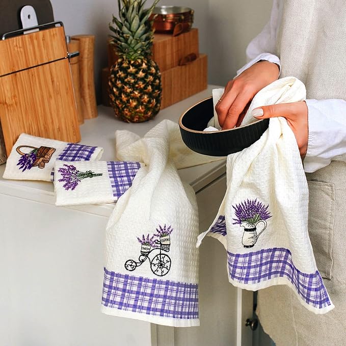 Lavien Home Cotton Kitchen Towels Set of 4 - Lavender Embroidered Tea Towels, Absorbent and Soft Waffle Weave with Plaid, 16x24 inches