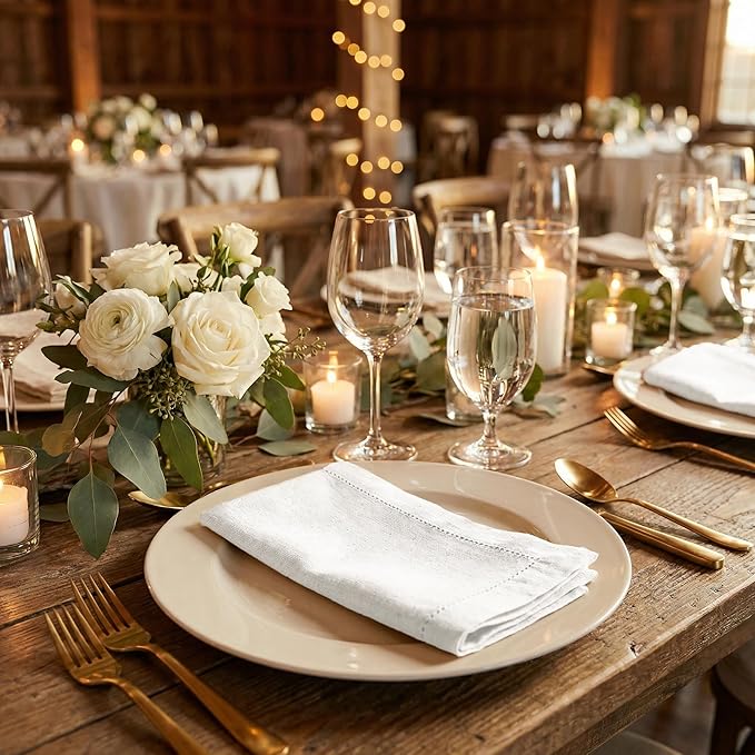 Flax Hemstitchend Cloth Dinner Napkin Set of 12 White 20x20 Inches, Premium Cotton Linen Absorbent Dinning Table Napkins Ideal for Wedding, Spring, Easter | Washable Durable Napkins for Everyday Use