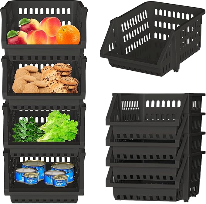 Skywin TidyFriend Small Stackable Storage Bins for Toy Organizer and Storage 4 Pack, Toy Storage Organizer for Kids Room and Home Organization (Black)