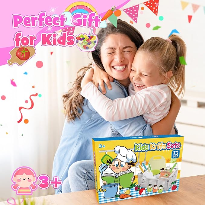 Kids Kitchen Knife Set for Real Cooking & Basket,Montessori Toys for 3 4 5 6 7 8 9 10 Year Old Girls Birthday Gifts, Toddler Knife Set, Toddler Kitchen Tools