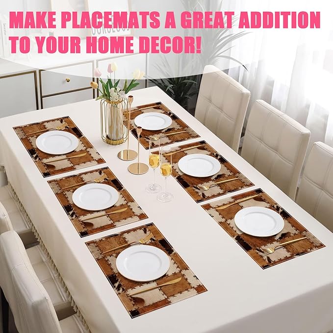 Brown Cowhide Print Placemats Set of 6,12x18 Inch Cow Skin Linen Place Mat Washable Stain Resistant Table Mats for Spring Summer Seasonal Farmhouse Kitchen Party Home Decor