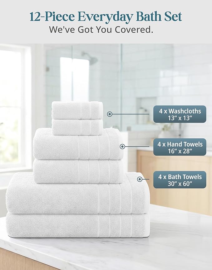 Casa Platino 100% Cotton Turkish Bath Towel Set 12 Pieces - Super Soft, Absorbent & Quick Dry - 4 Bath, 4 Washcloths, 4 Hand Towels for Bathroom - Hotel Quality, Ideal for Spa, Gym & Travel - White