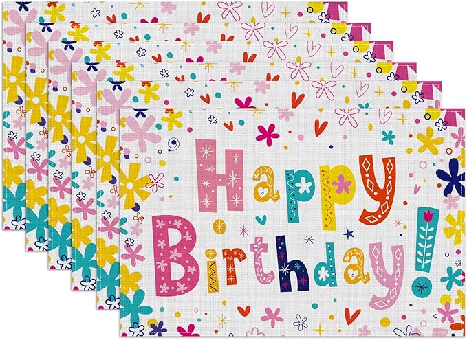 Happy Birthday Placemats Set of 6, Washable Heat Resistant Table Mat Linen Place Mats for Party Kitchen Dining Home Decor 12x18 Inch