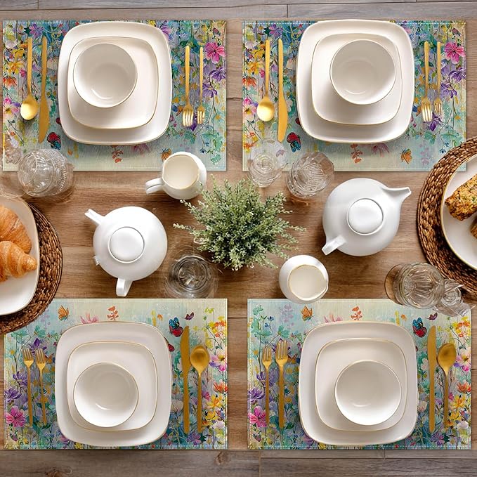 HOMETITUTE Placemats Set of 4 12x18 inch Spring Table Mats for Dining Table Floral Field Linen Placemats Farmhouse Decorations Kitchen Decor Desk Mat for Outdoor Home Party Kitchen Seasonal Dining