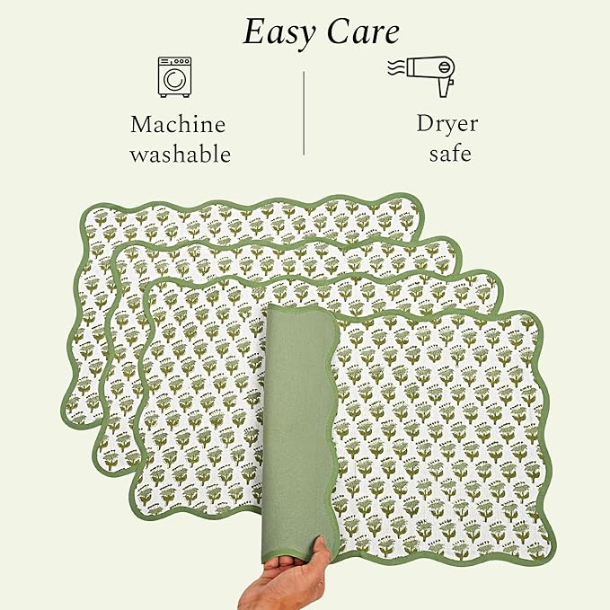 CPC Cotton Placemats Emerald Green Set of 4-Hand Block Printed Reversible Placemats, Flower Scalloped & Embroidered Cloth Table Mats - 14 x 20 inch Gift for Spring, Mother's Day