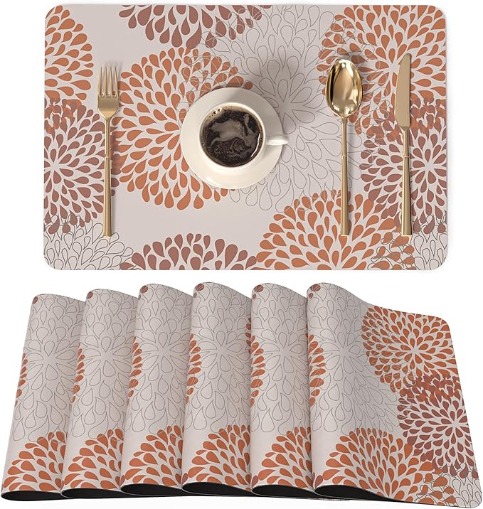 QiyI Placemats Set of 6, 12x18 Inch Faux Leather Place Mats for Kitchen Dinning, Heat Resistant Anti Slip Floral Table Mats, Waterproof Wipeable Washable Placemat Thanksgiving Table Décor, Brown