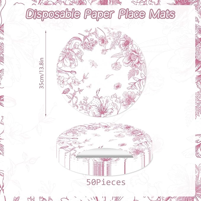 50 Pack Paper Placemats Disposable Pink Floral Placemats 13.7 Inch Vintage Chinoiserie Place Mats Decorative Round Table Mats for Dinner Table Setting Birthday Wedding Party Supplies