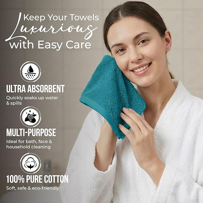 RIVERSIDE Pack of 12 Washcloths, 12 x 12 Inches, 100% Cotton, Premium Flannel Face Cloths, Highly Absorbent & Soft Feel Fingertip Towels (Teal, 12 Pack)