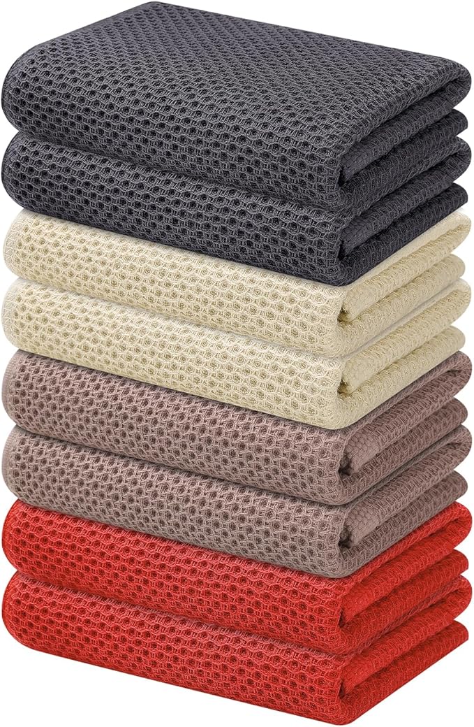 Kitinjoy 100% Cotton Waffle Weave Kitchen Hand Towels (13 X 28 Inches, Multicolor), 8-Pack Super Soft and Absorbent Dish Towel for Drying Dishes