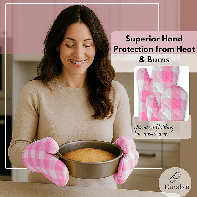 Native Fab Buffalo Plaid Check Oven Mitts and Pot Holders Set of 4, 100% Cotton Heat Resistant Kitchen Gloves, 2 Oven Mitts (7x13), 2 Pot Holders (8x8) for Cooking & Baking, Pink White