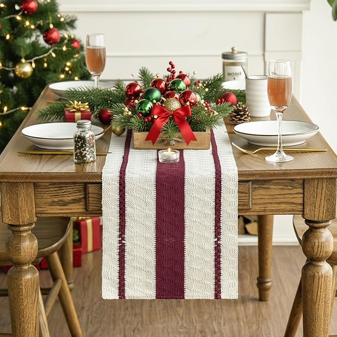 Artoid Mode Red Farmhouse Woven Rustic Table Runner, Seasonal Holiday Hollow Kitchen Dining Table Decoration for Home Party Decor 12x120 Inch