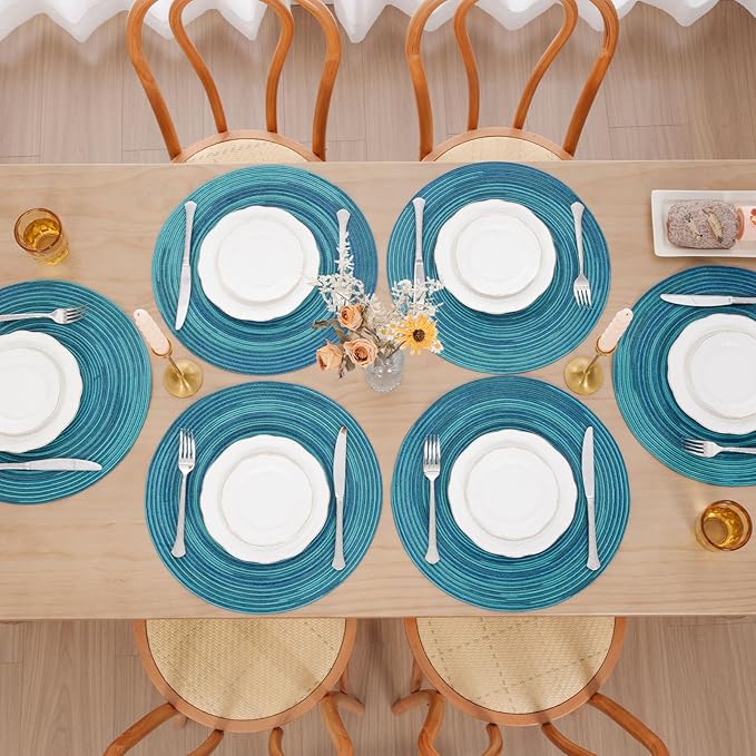 SHACOS 15 inch Round Placemats Set of 8 Variegated Multicolor Place Mats Cotton Polyester Braided Non Slip Washable Heat Resistant Table Mats for Home Wedding Dinner Party Table Decor, Rainbow Teal