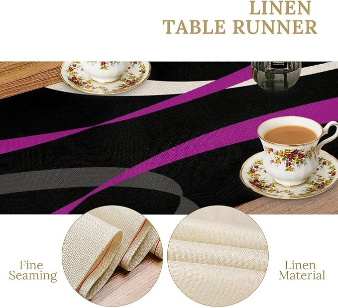 Abstract Geometric Table Runner Purple and Grey White Striped Black Background Modern Kitchen Dinner Runner for Indoor Home Living Room Party Dining Table Decoration 13"x60"